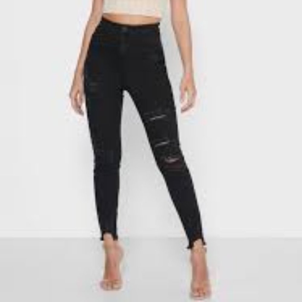 Misguided Black Sinner High Waist Authentic Skinny Ripped Jeans Raw Hem Size 6R